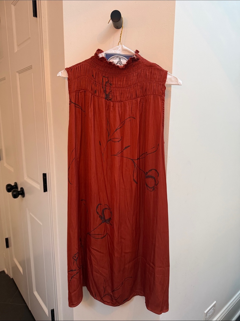 Smocked Neck Midi Dress in Rust Red with Black Floral Motif